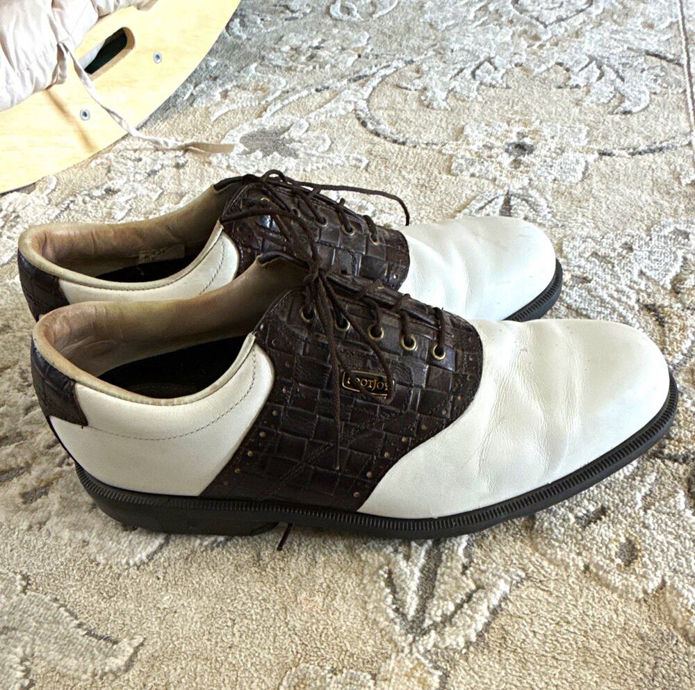 FootJoy DryJoys Men’s Golf Shoes Leather Croc Lace-Up Spiked White/Brown 12M